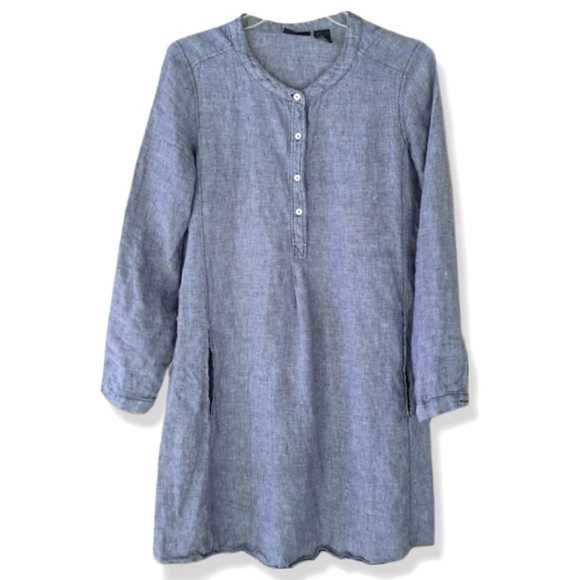 TAHARI 100 LINEN Blue Linen Tunic Dress, Henley 4 Button Placket, Pockets, XS - Picture 2 of 16